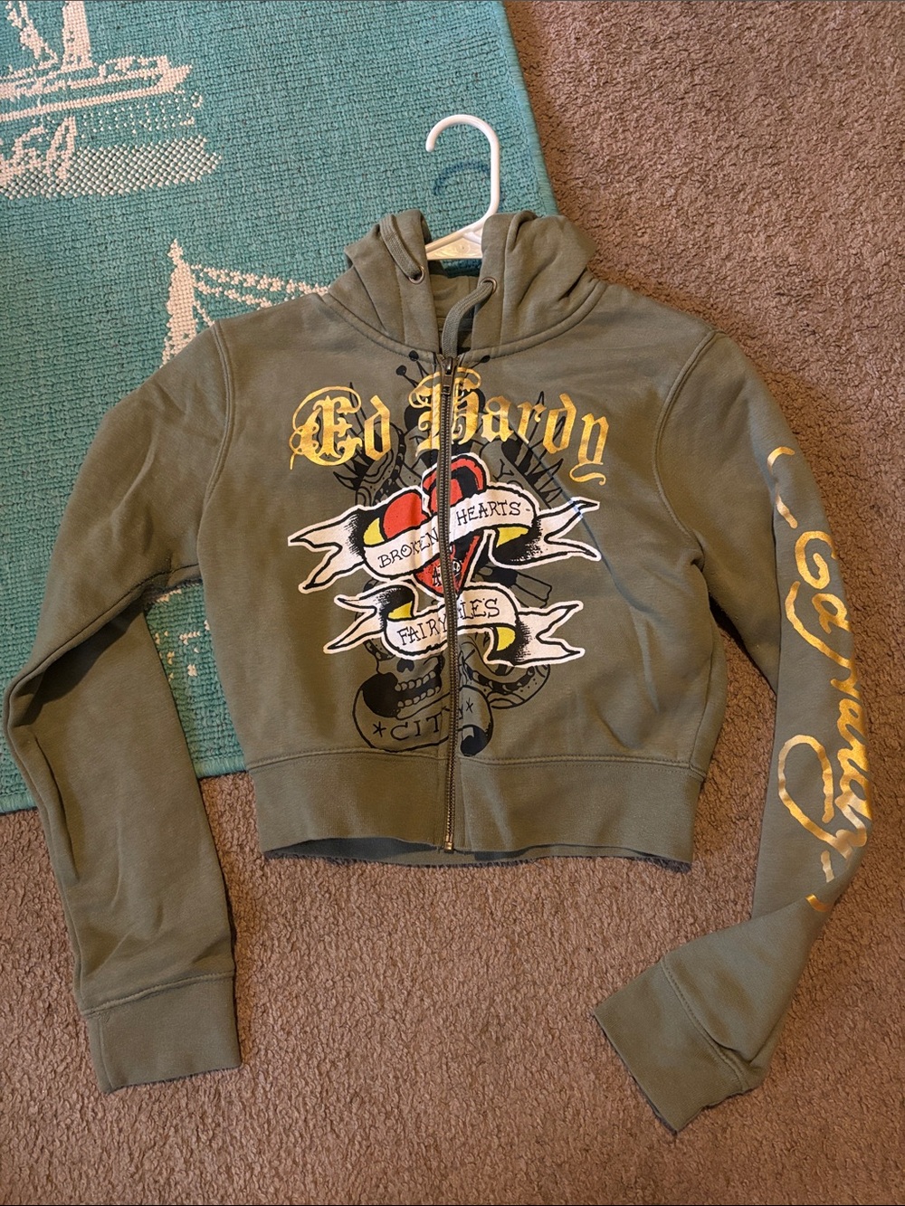 Ed Hardy Olive Cropped Zip-Up Hoodie with Graphic Chest